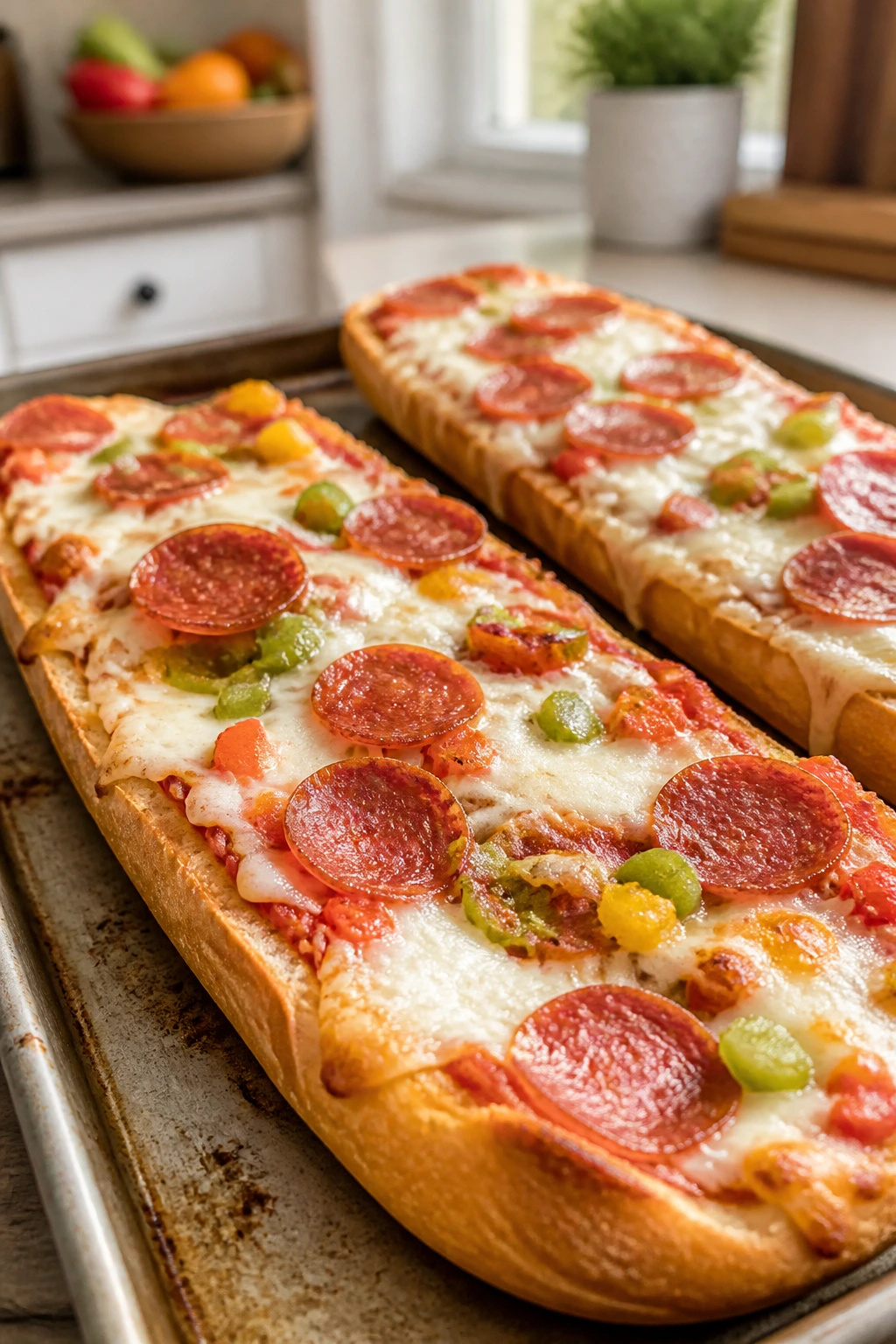 Split French bread pizza boats with cheese and toppings