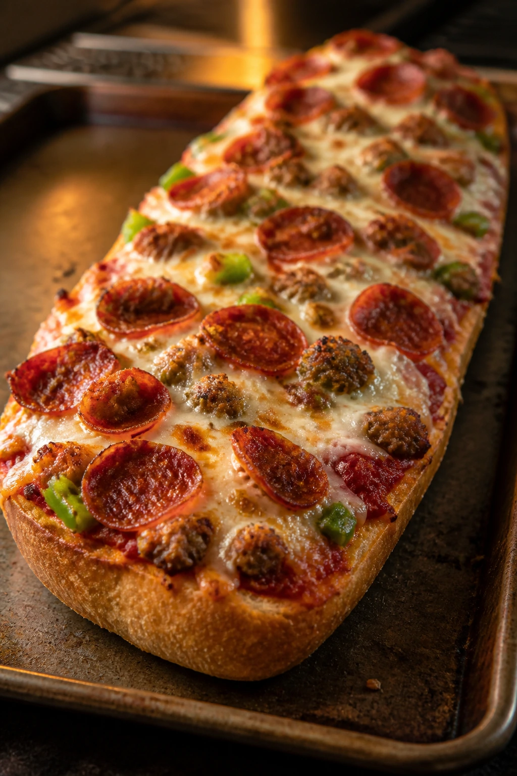 Close-up of French Bread Pizza slice on baking sheet