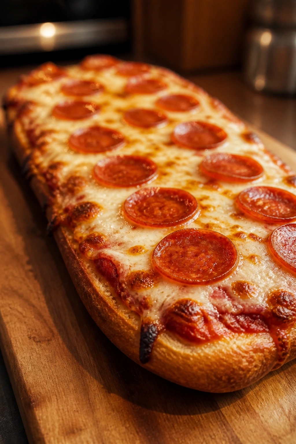 Close-up of French Bread Pizza on a wooden board