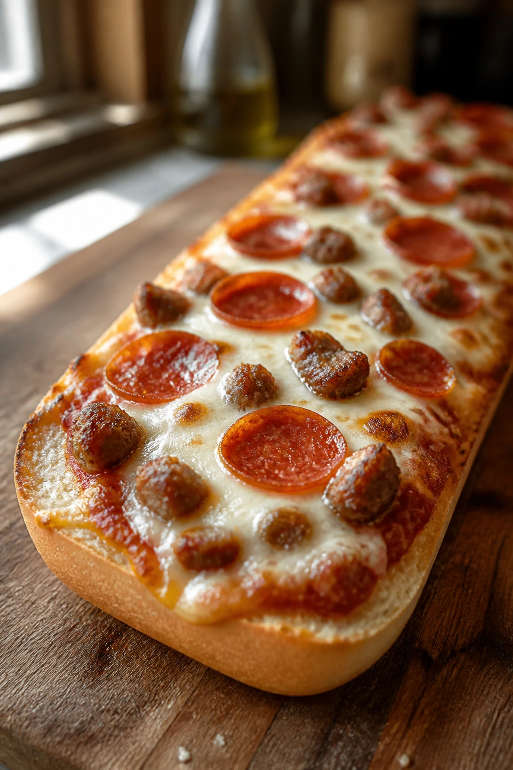Close-up of a French bread pizza on a cutting board