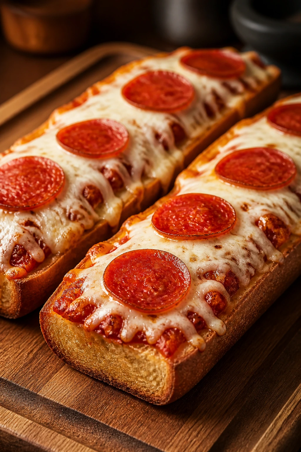 Close-up of French bread pizzas on a wooden board