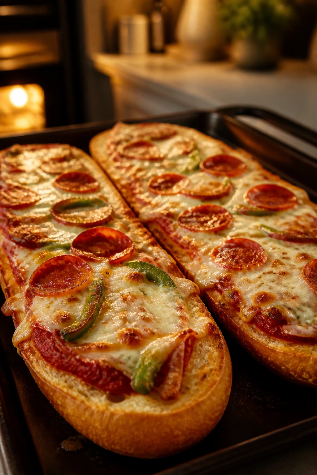 Open-faced French bread pizzas on a baking sheet