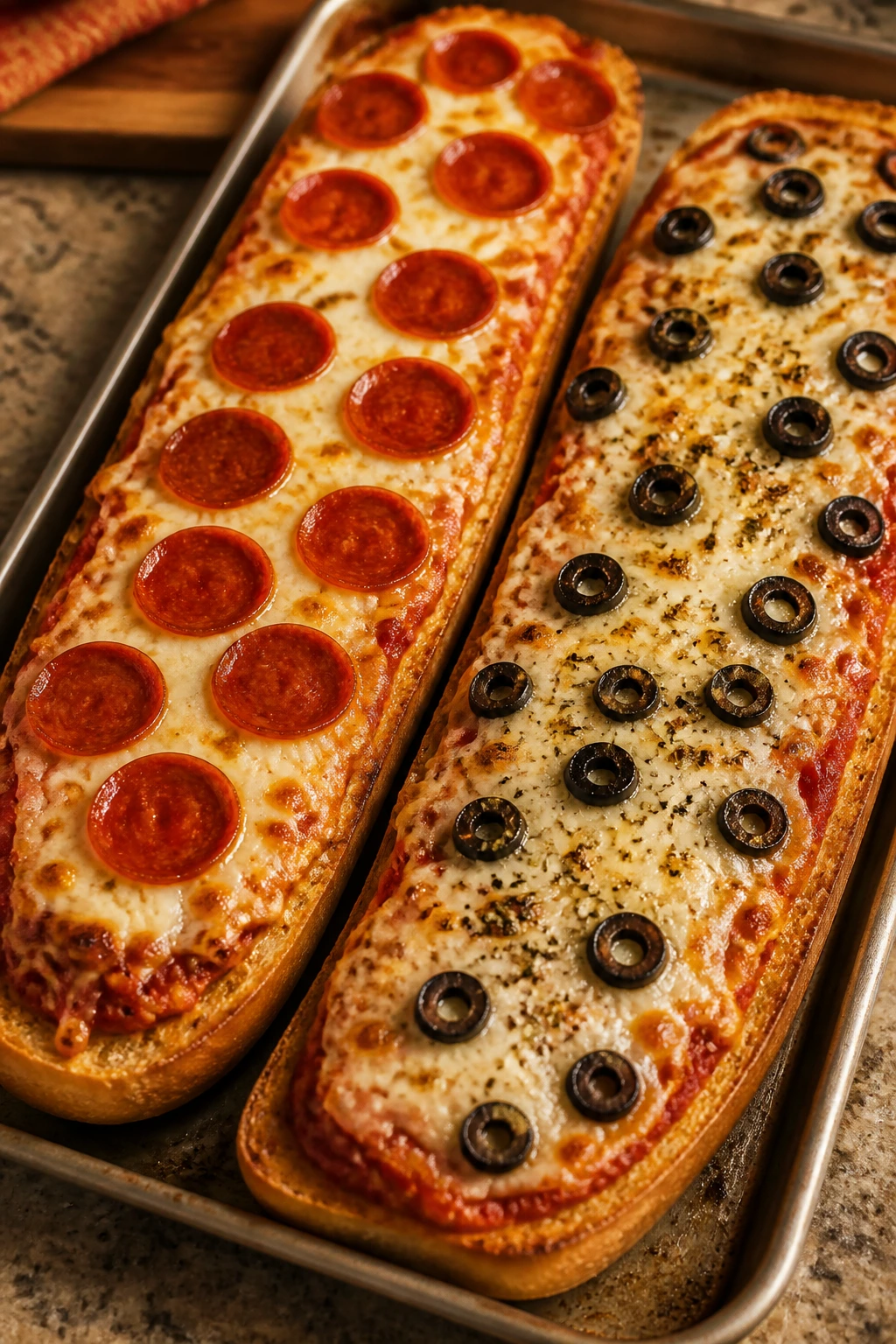 Open-faced French bread pizzas with two topping styles