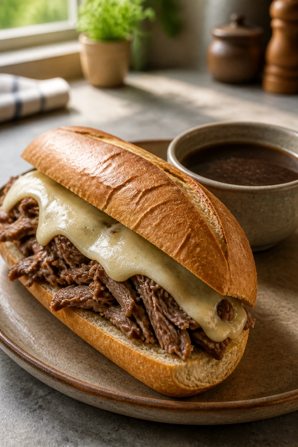 Close-up French Dip Sandwich with beef and melted cheese, served with au jus