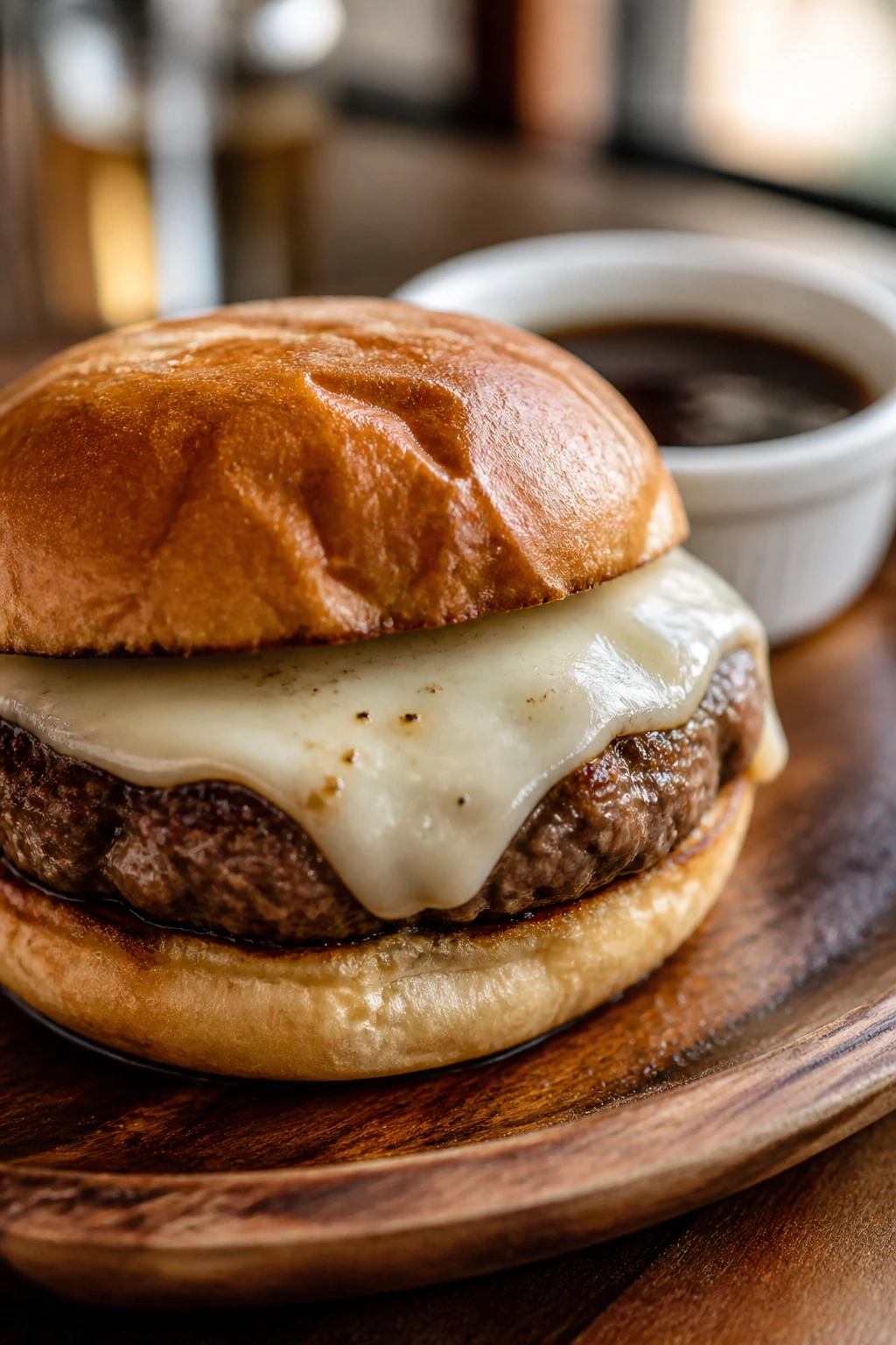 Close-up of French Dip Burger with provolone and beef jus