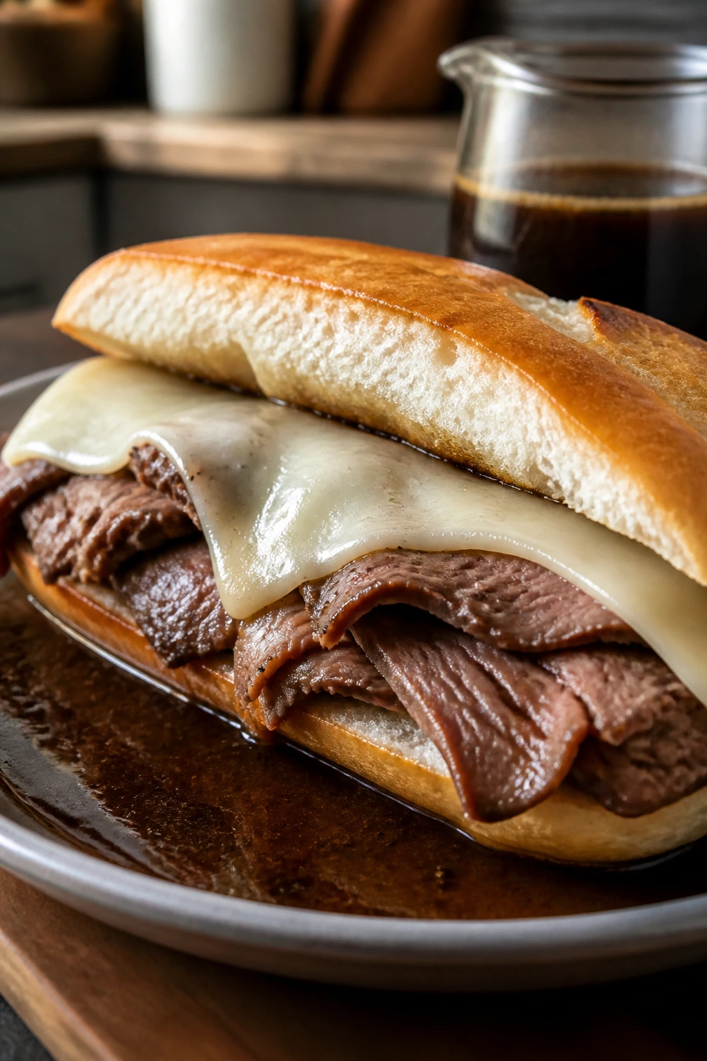 Close-up of French Dip roast beef sandwich with au jus for dipping.