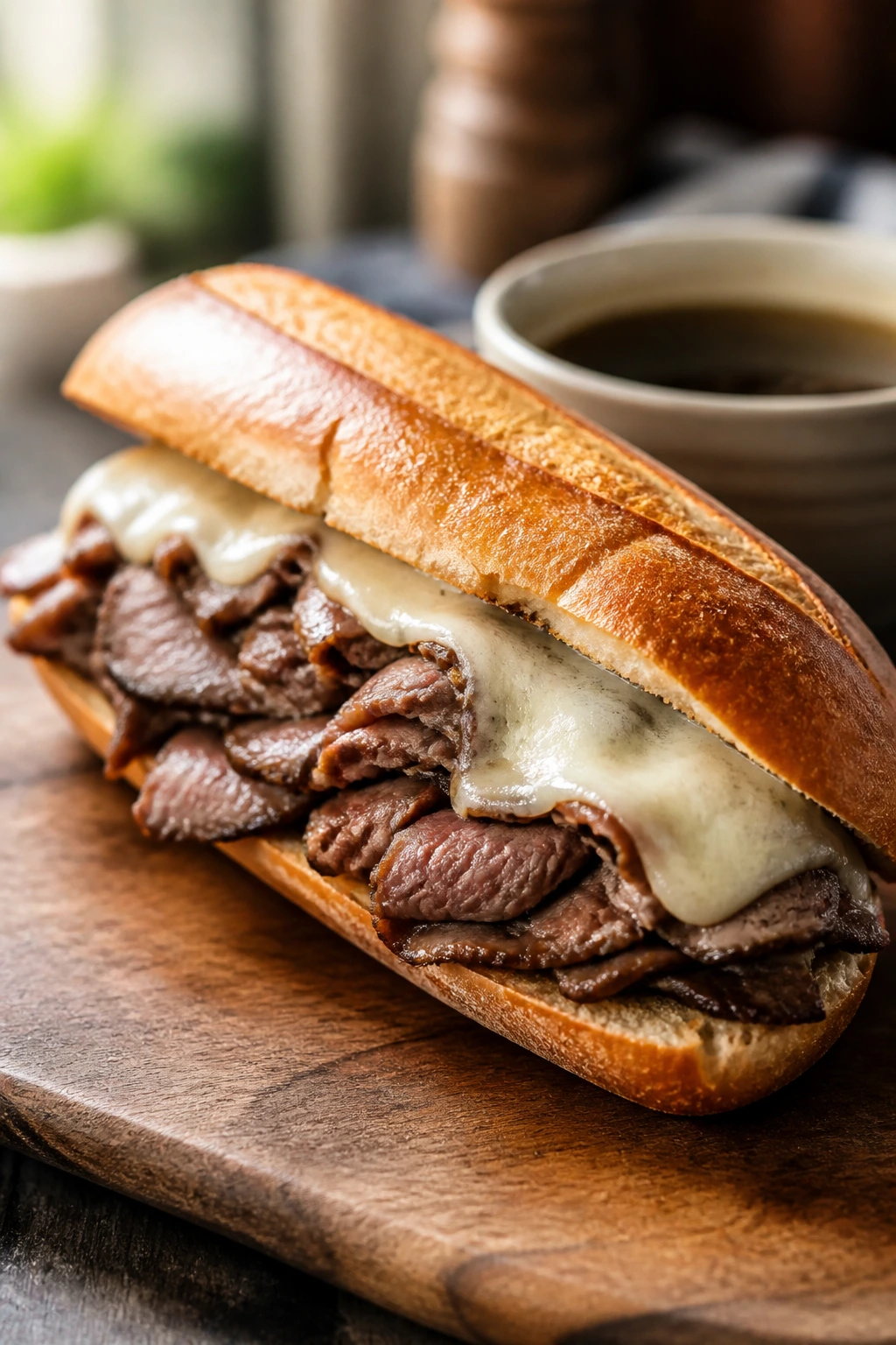 Close-up of a French Dip Sandwich on a wooden board with beef and melted cheese, jus in background