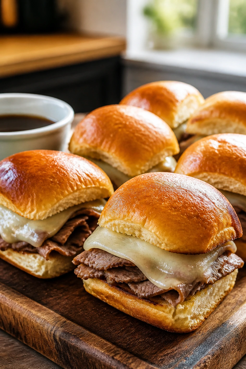 Close-up of warm roast beef sliders with melted cheese on a wooden board
