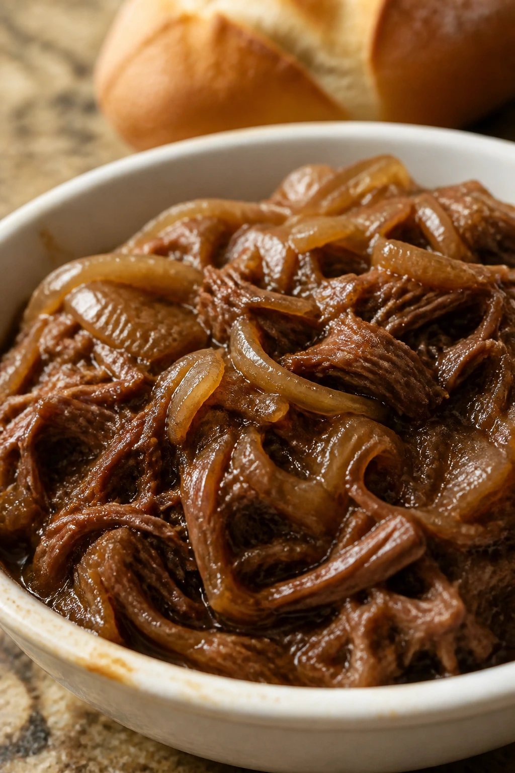 Shredded beef with caramelized onions in a rich sauce in a small dish