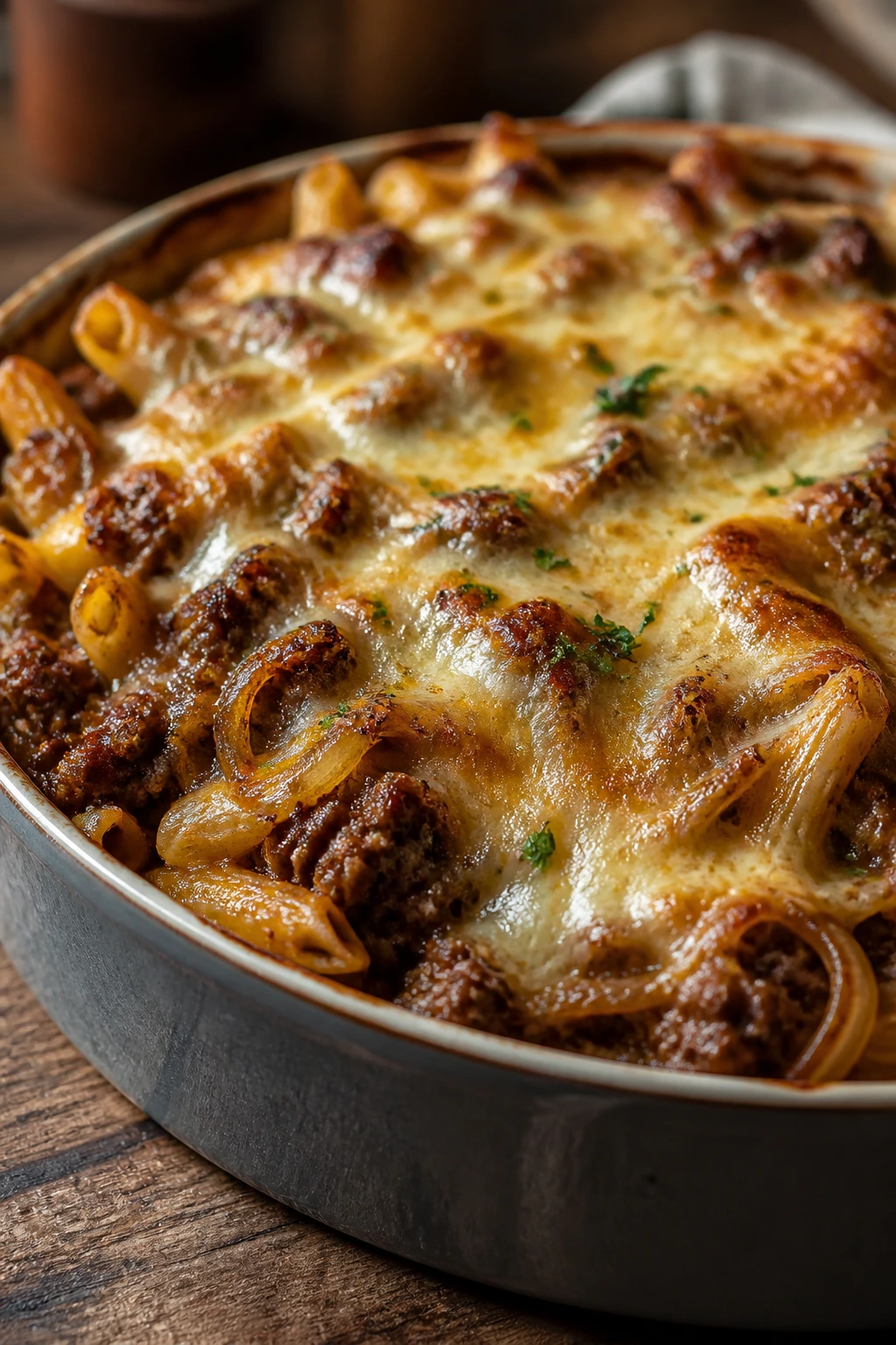 Close-up of French Onion Beef Pasta Bake bubbling with melted cheese in a rustic kitchen