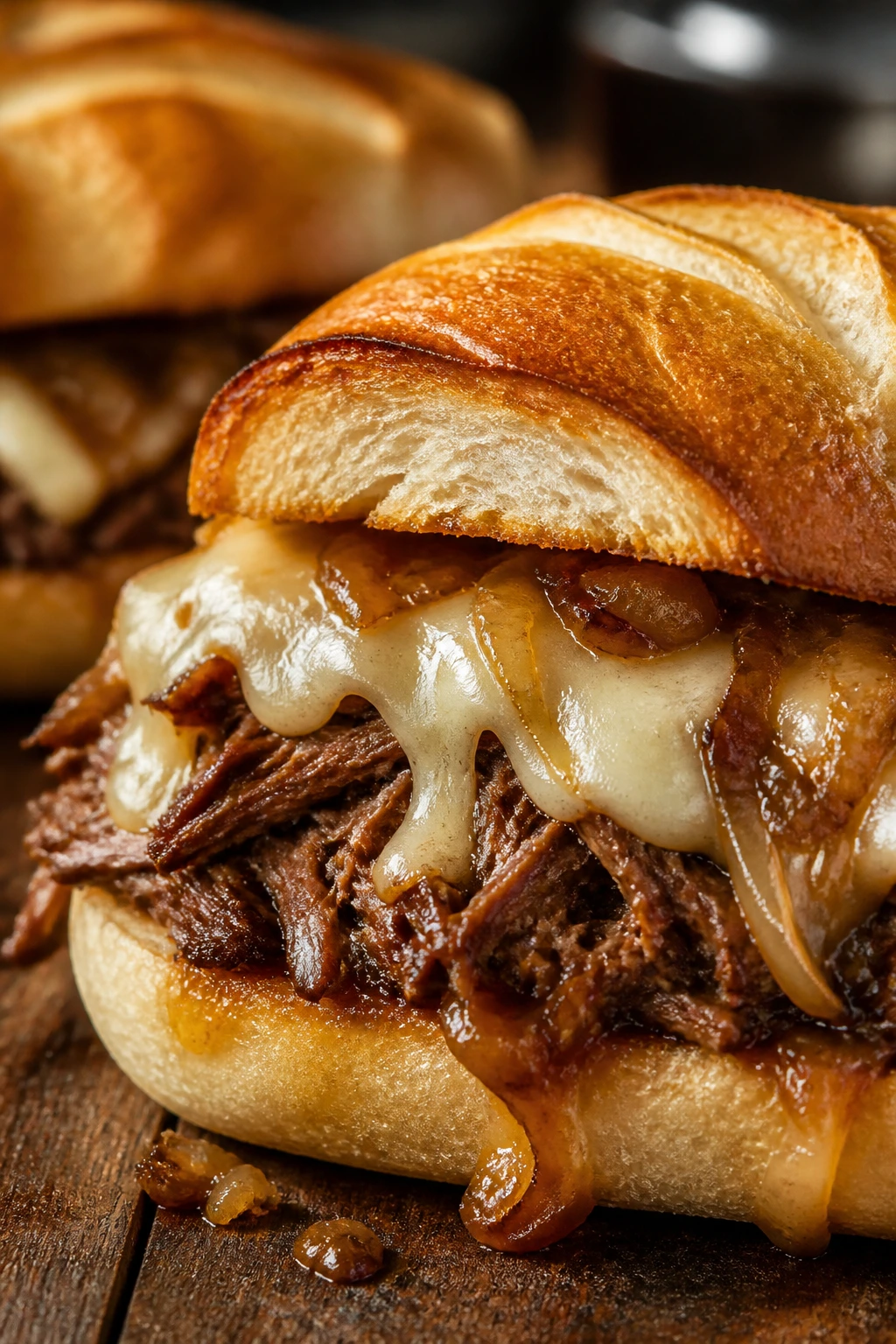 Close-up of French Onion Beef Sandwich with melted cheese and caramelized onions