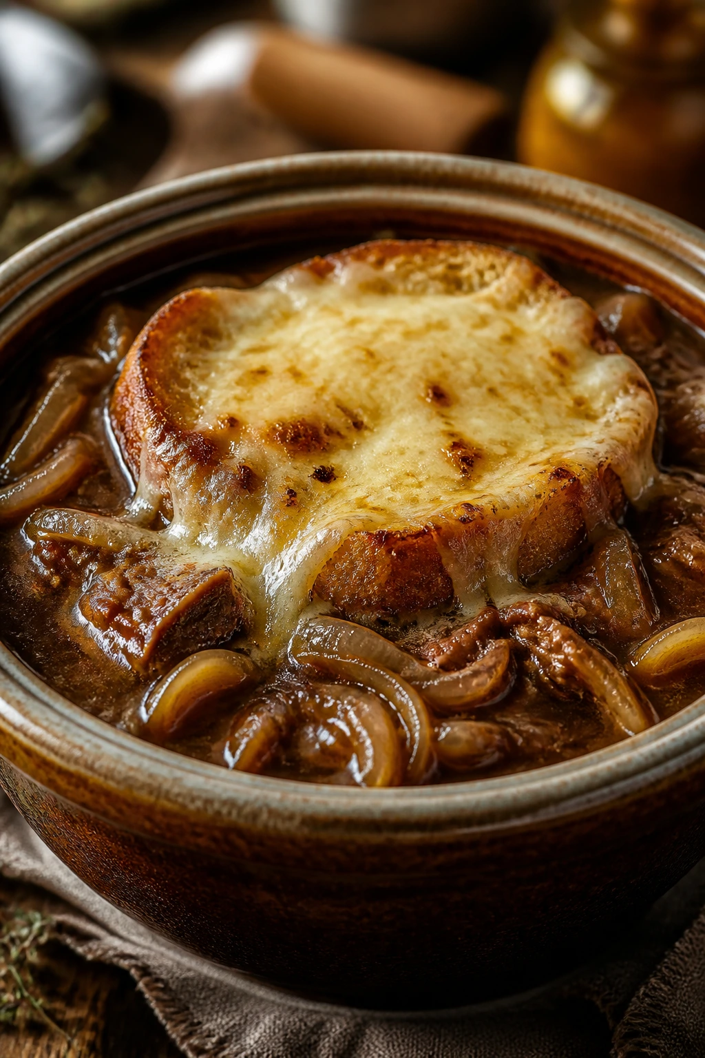 French onion beef soup in a bowl with melted cheese topping