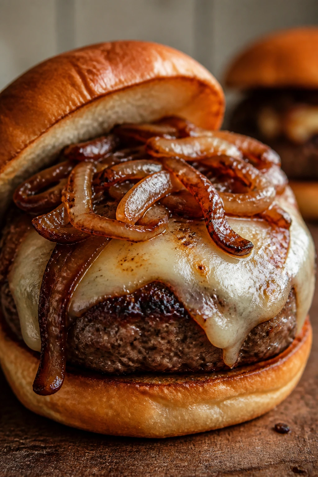 Close-up French onion burger with caramelized onions and Gruyère on toasted bun