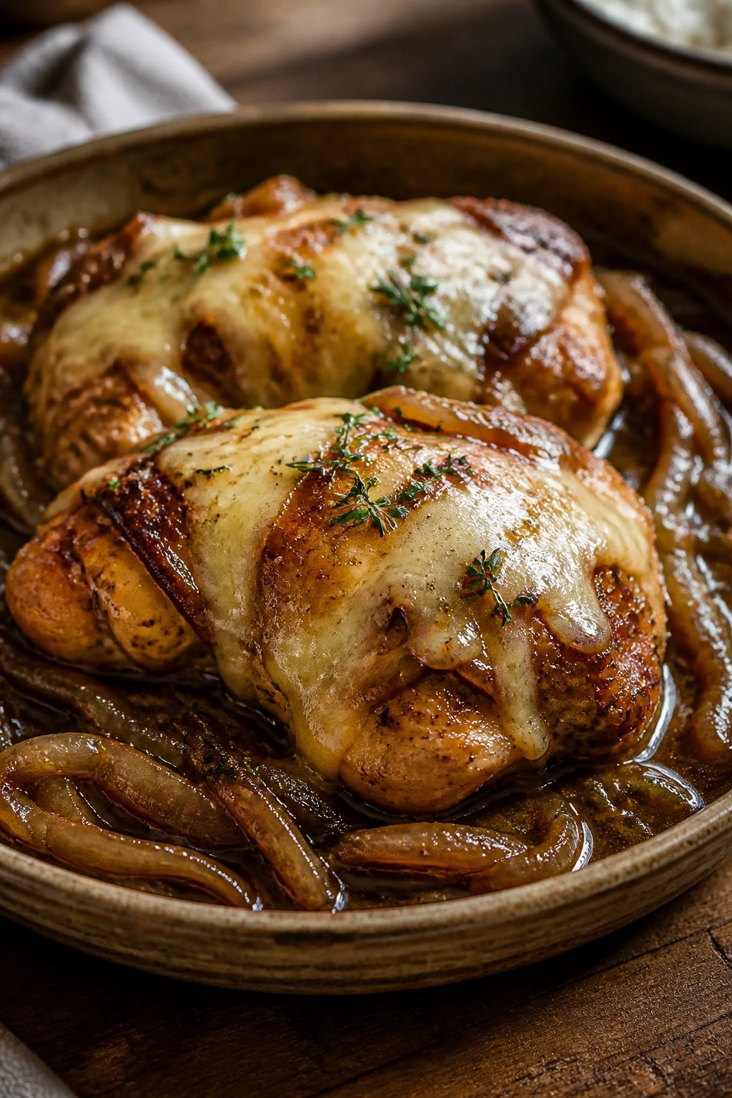 Close-up of French Onion Chicken with melted cheese and caramelized onions in a rustic dish