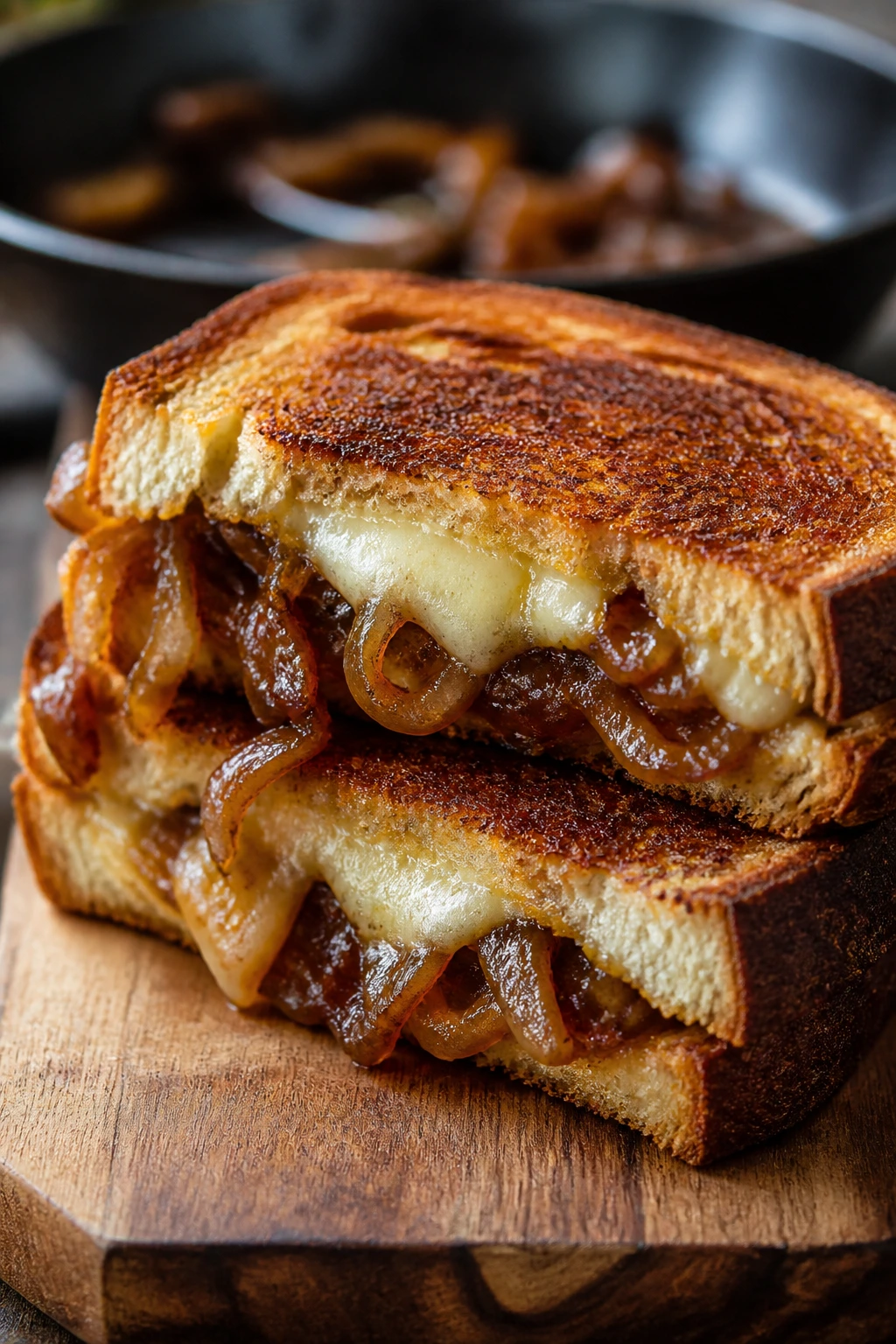 Close-up of French Onion Grilled Cheese with caramelized onions and melted Gruyère on sourdough.