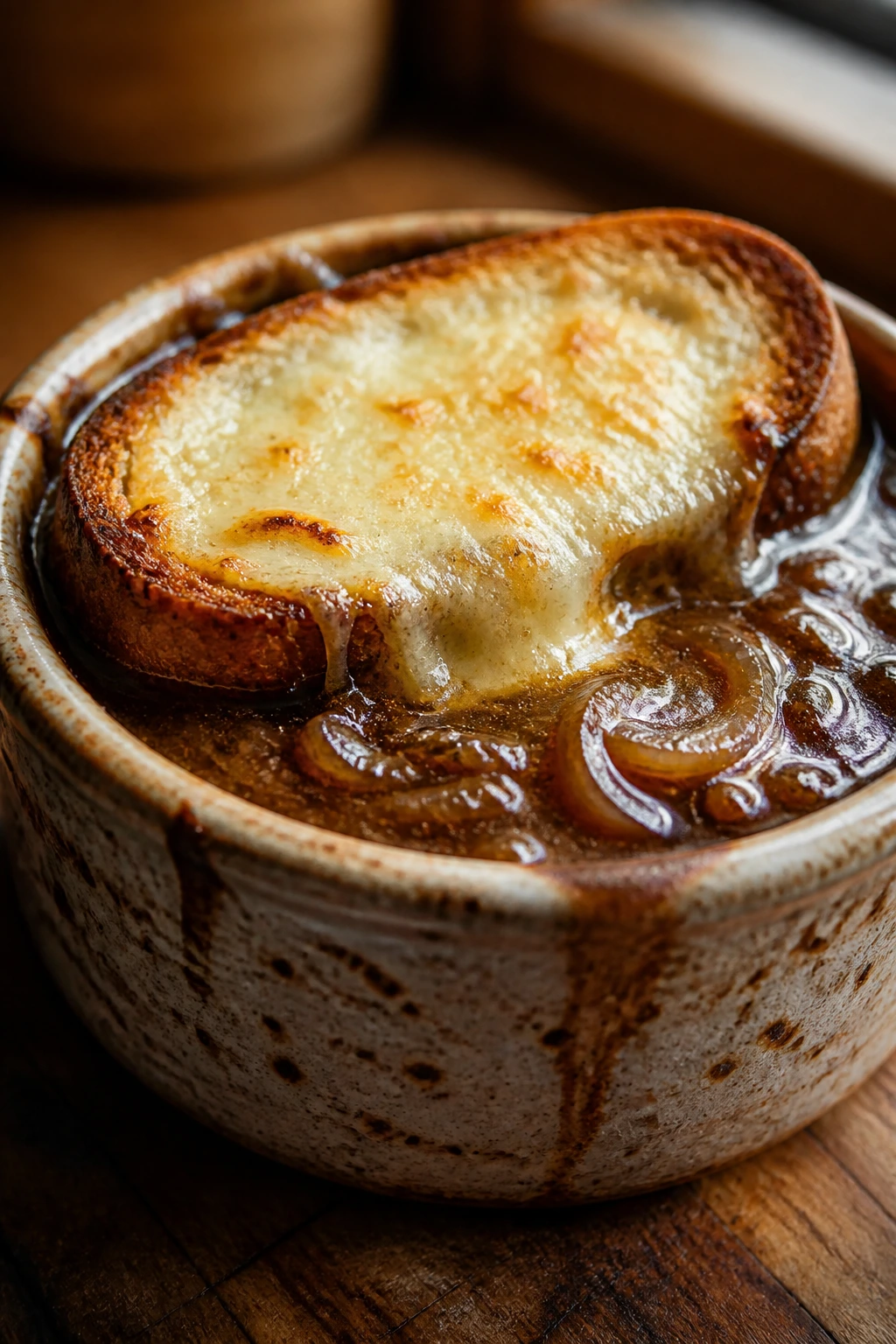 Close-up of French onion soup with Gruyère toast on a rimmed bowl