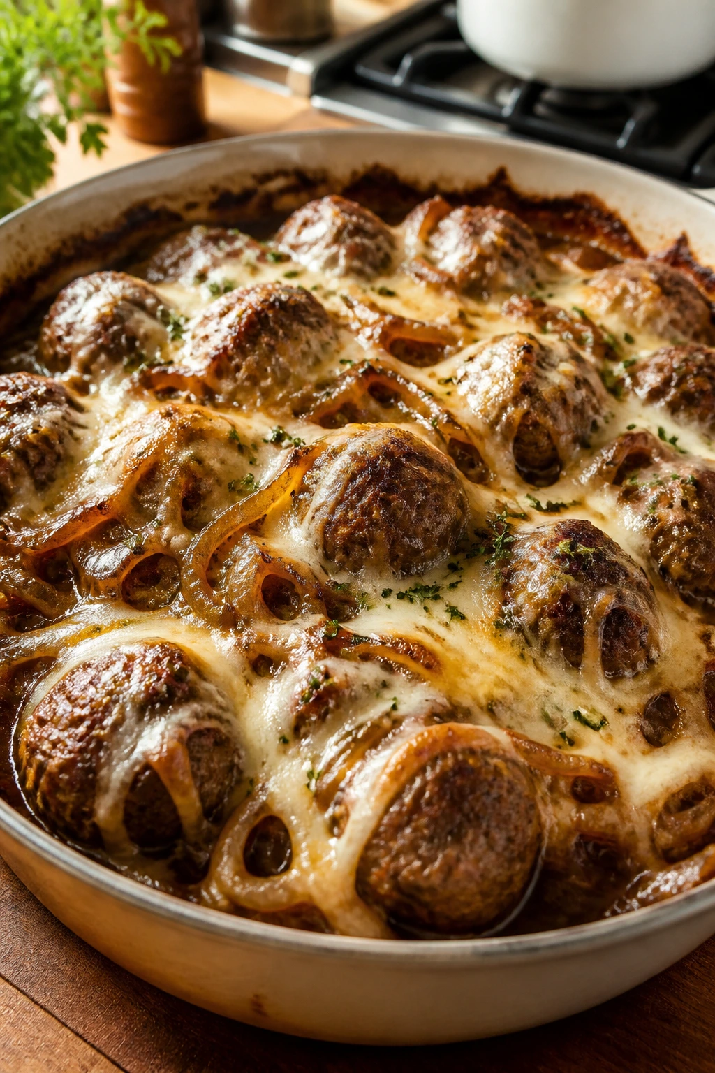 Close-up of French onion meatball bake with caramelized onions and melted cheese