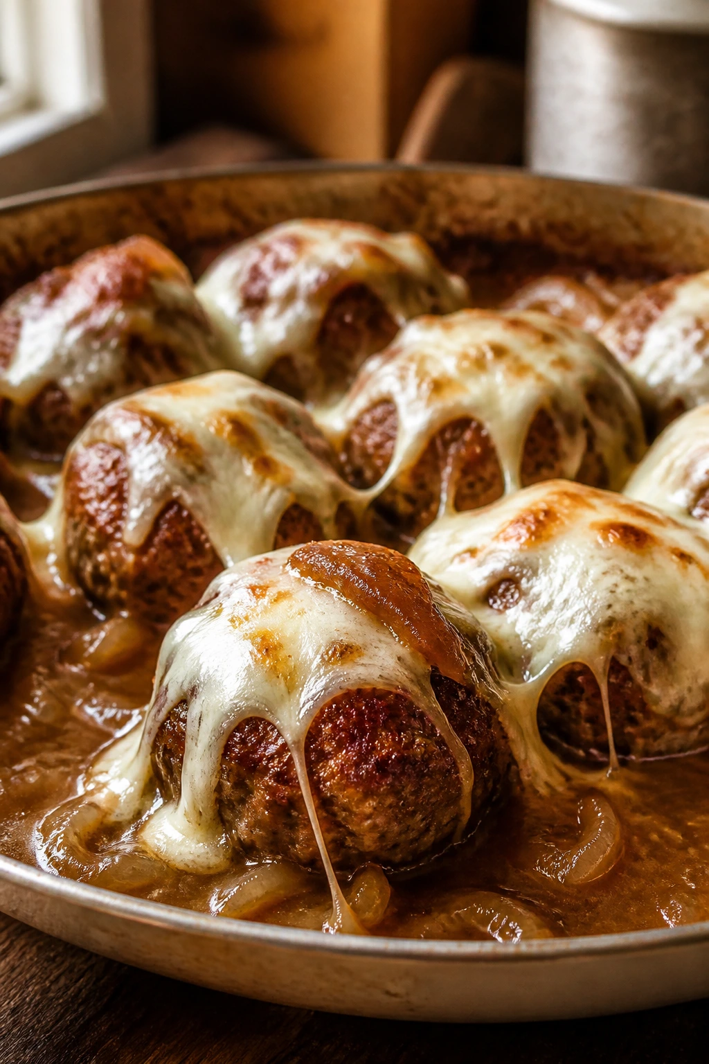 Beef and pork meatballs with melted Gruyère on onion sauce