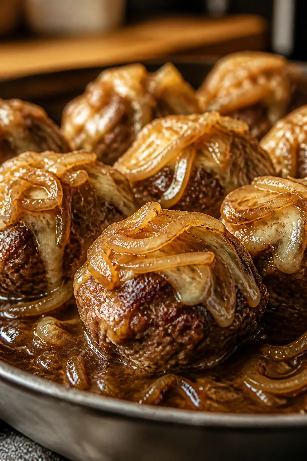 Beef meatballs with caramelized onions and melted Gruyère on top