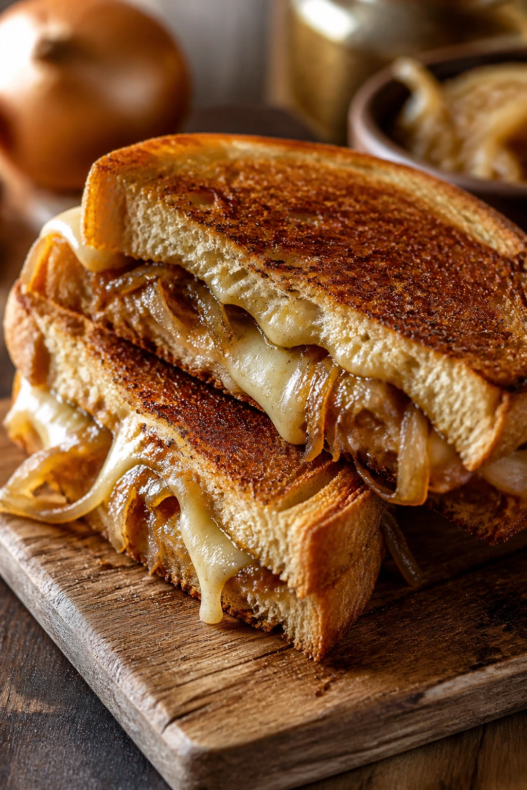 Close-up of a French onion grilled cheese sandwich with caramelized onions and melted cheese