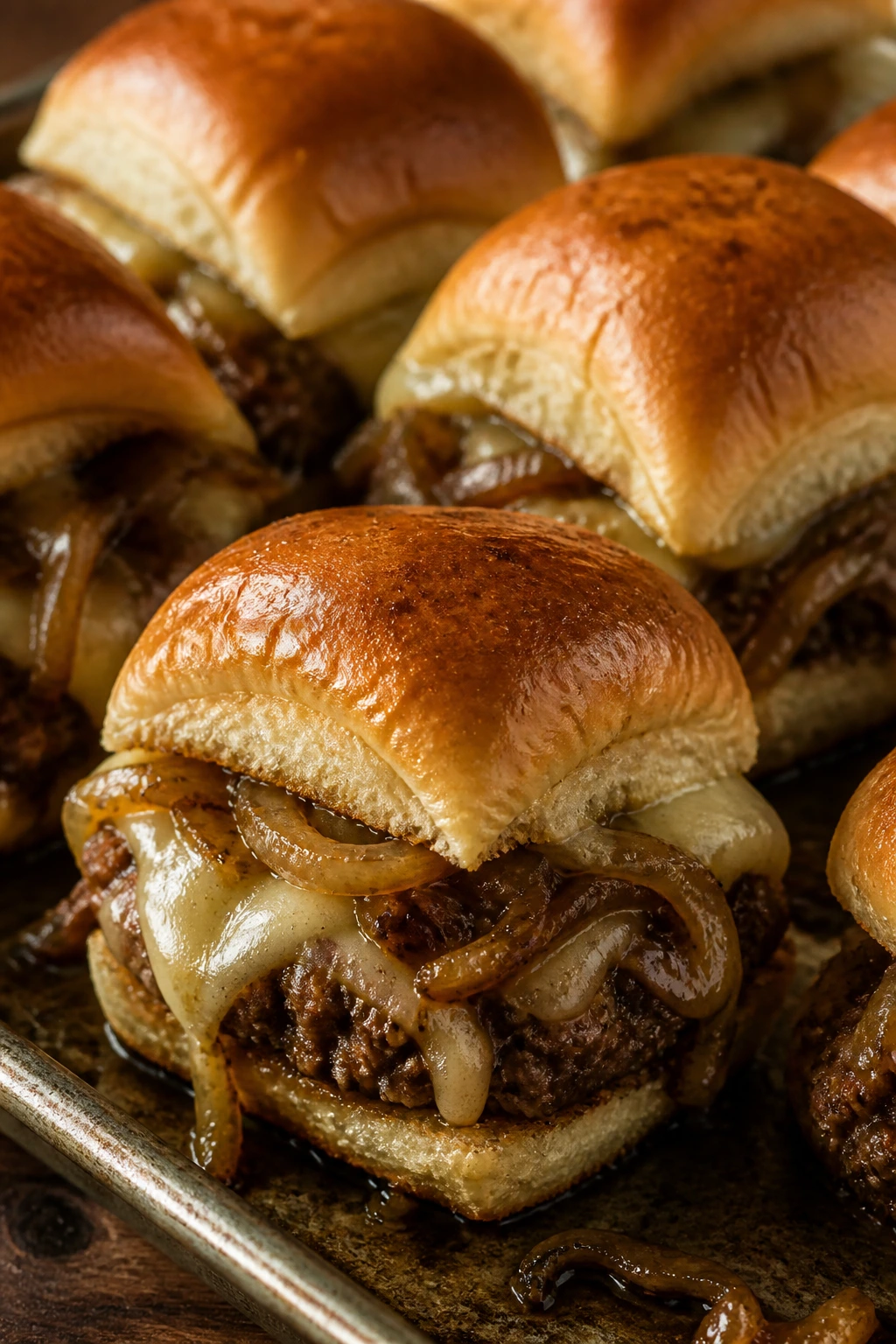 Close-up of French Onion Sliders with caramelized onions and melted cheese