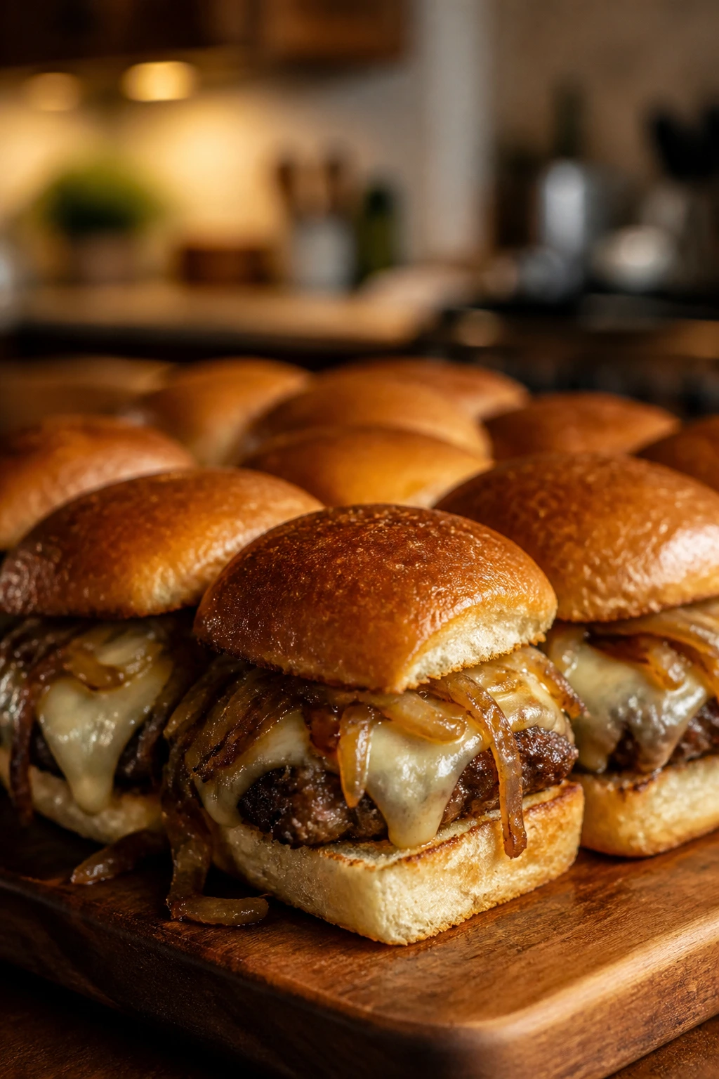 Close-up of French onion sliders with caramelized onions and Swiss cheese on buns