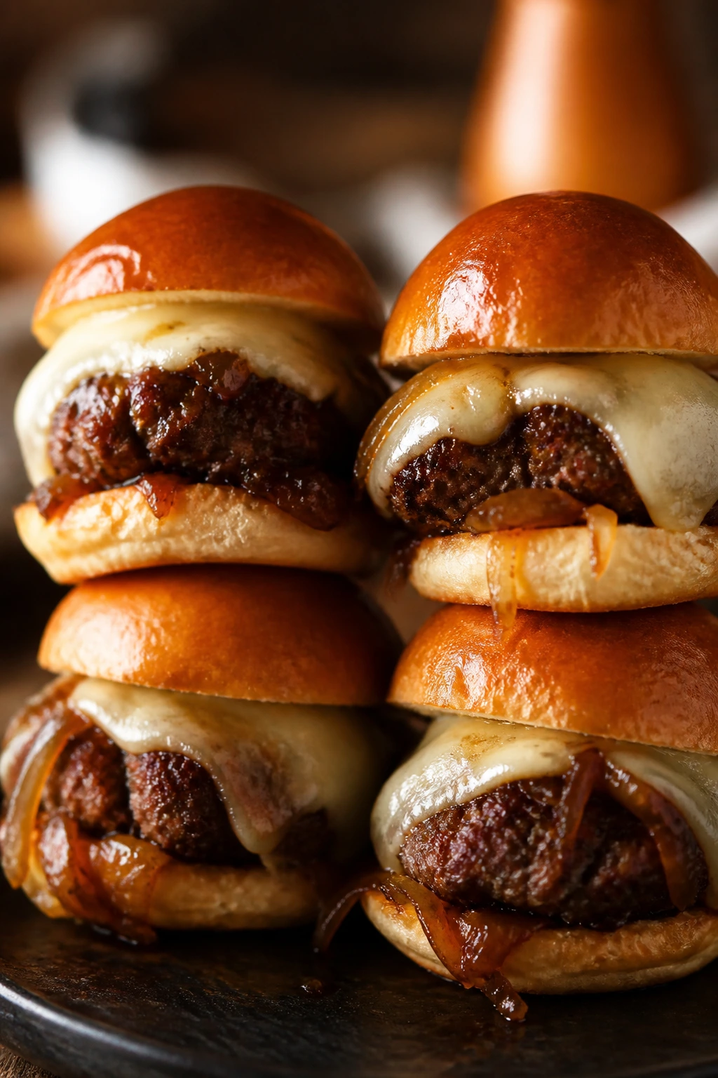 Mini burgers with melted Gruyère and caramelized onions.
