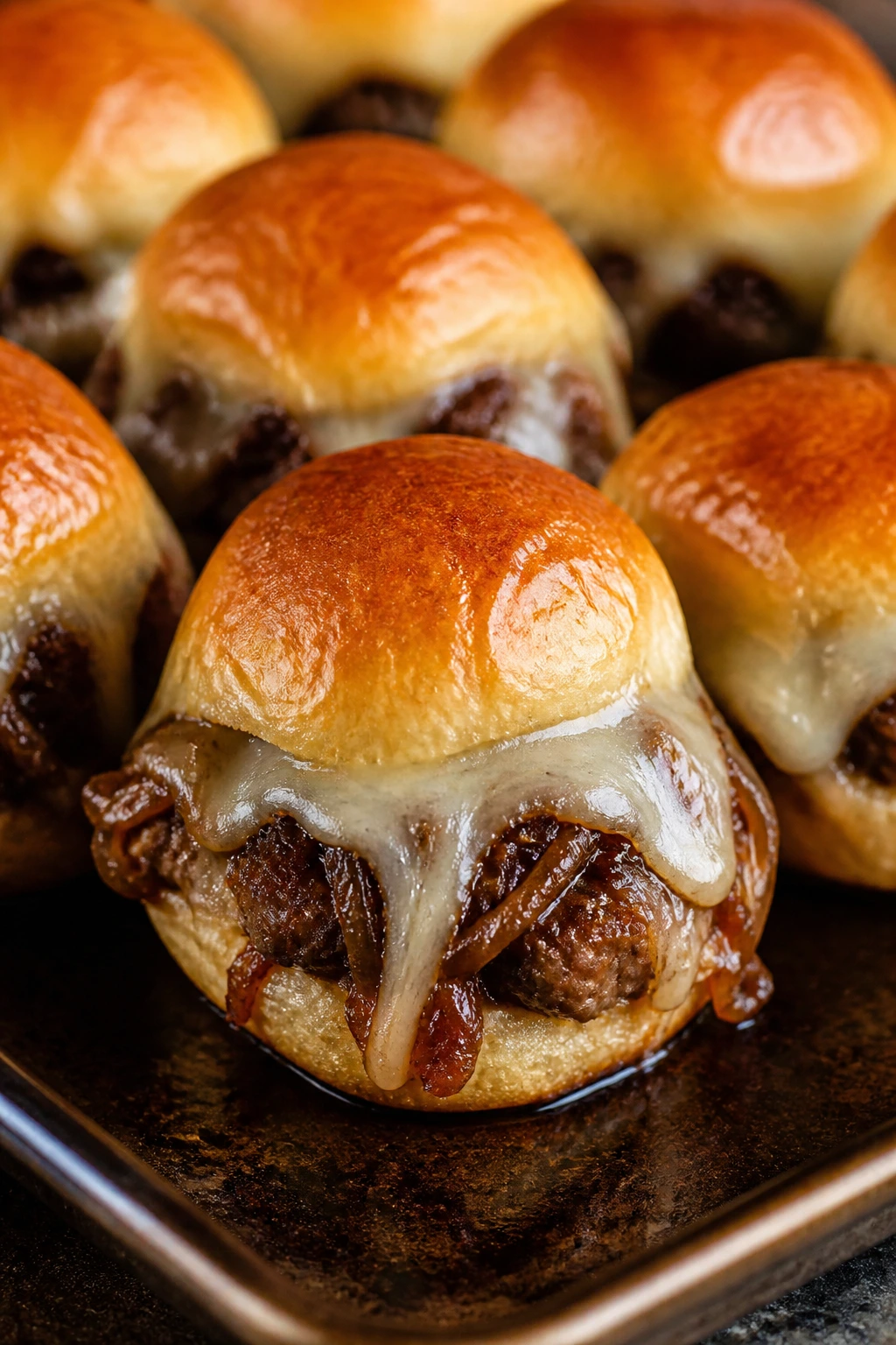 Close-up of French Onion Gruyère sliders with caramelized onions and melted Gruyère
