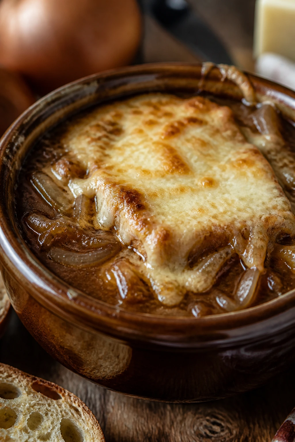 French onion soup with caramelized onions and melted Gruyère on top.