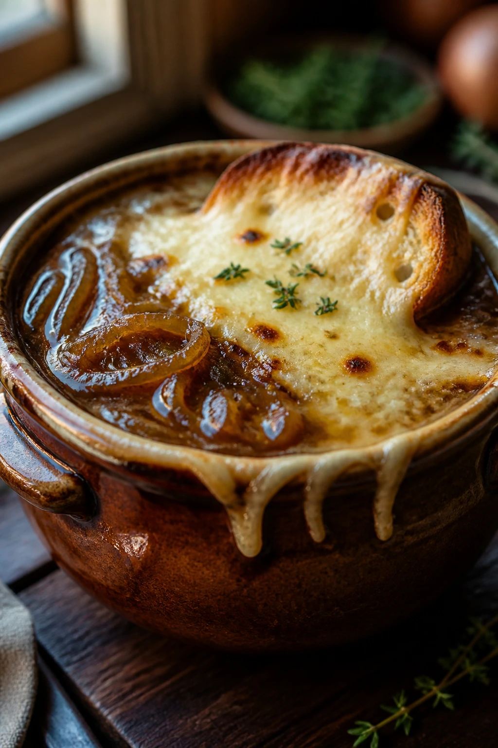 Close-up of French Onion Soup in a rustic bowl with caramelized onions and melted cheese