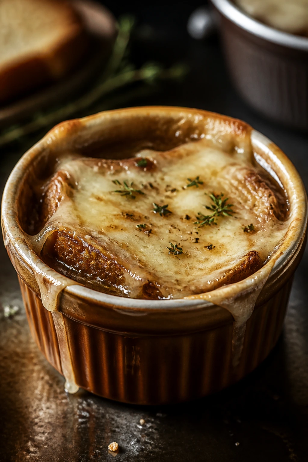 French onion soup in a ramekin with melted Gruyère topping