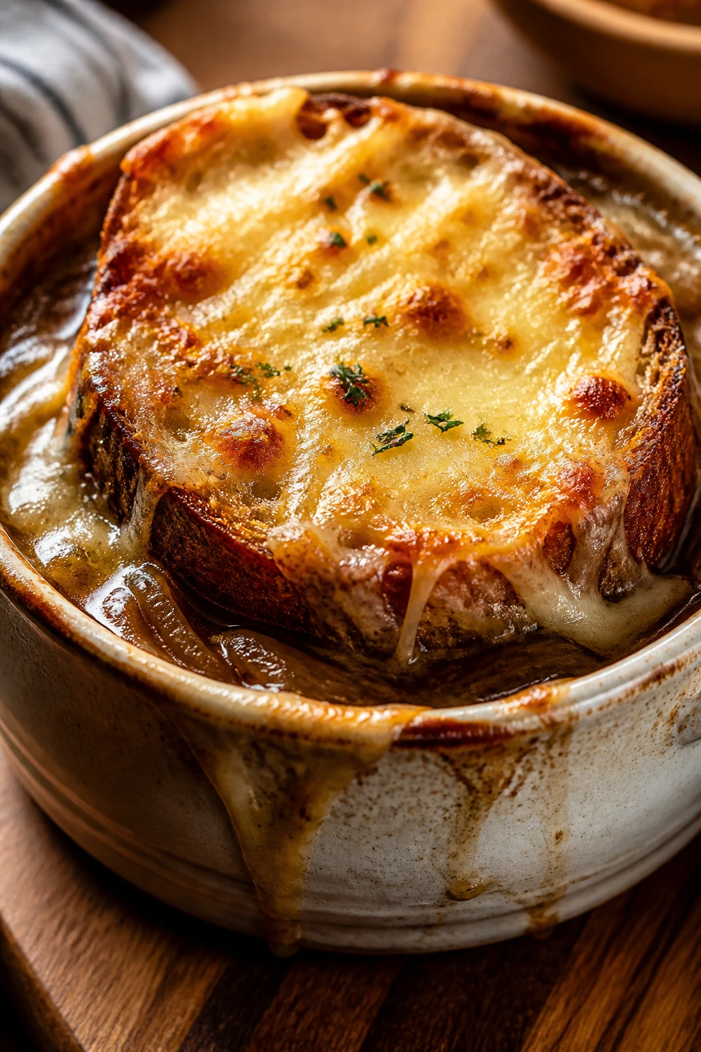 French onion soup topped with bubbling Gruyère toast in a bowl