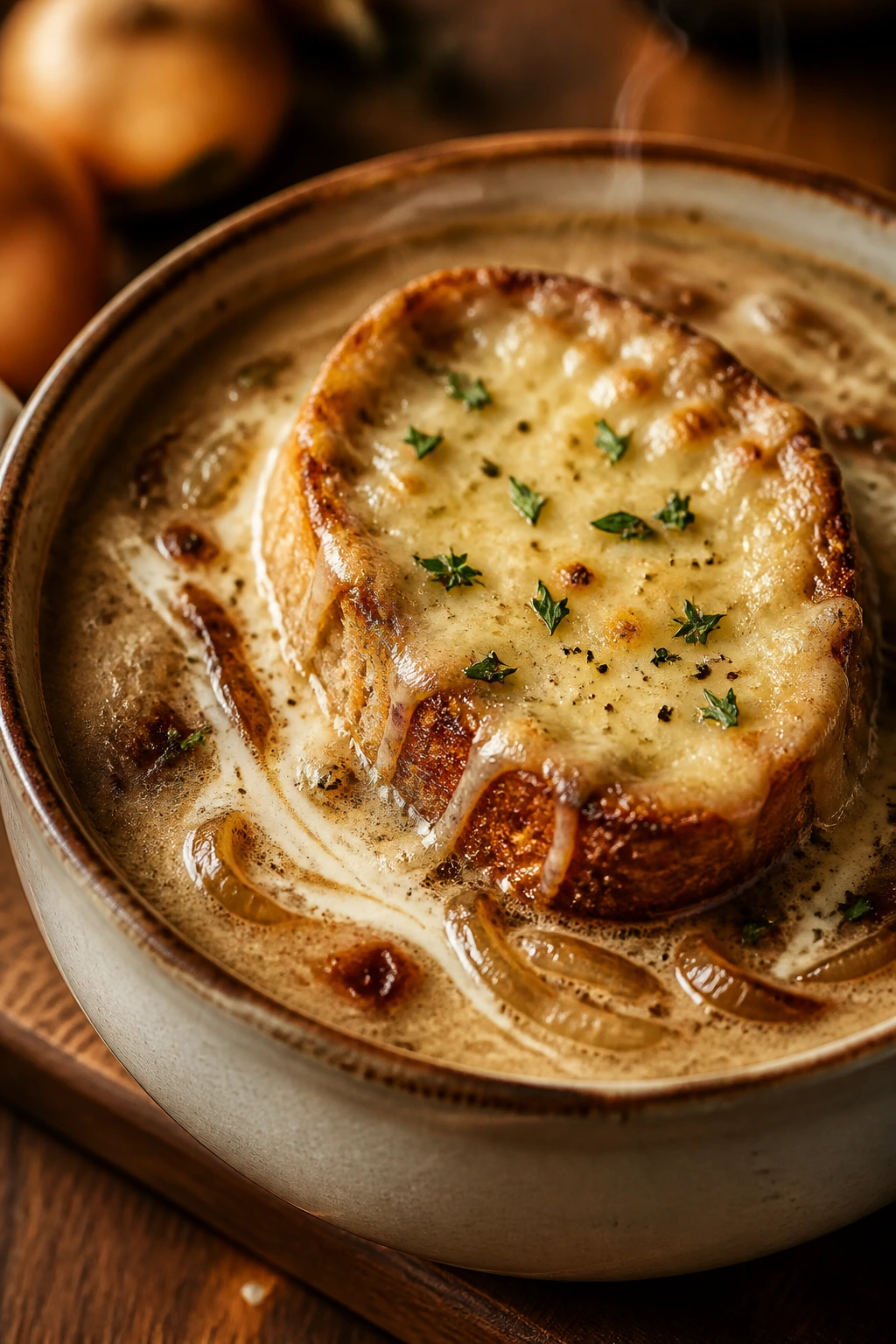 Close-up of creamy French onion soup with caramelized onions and cheese