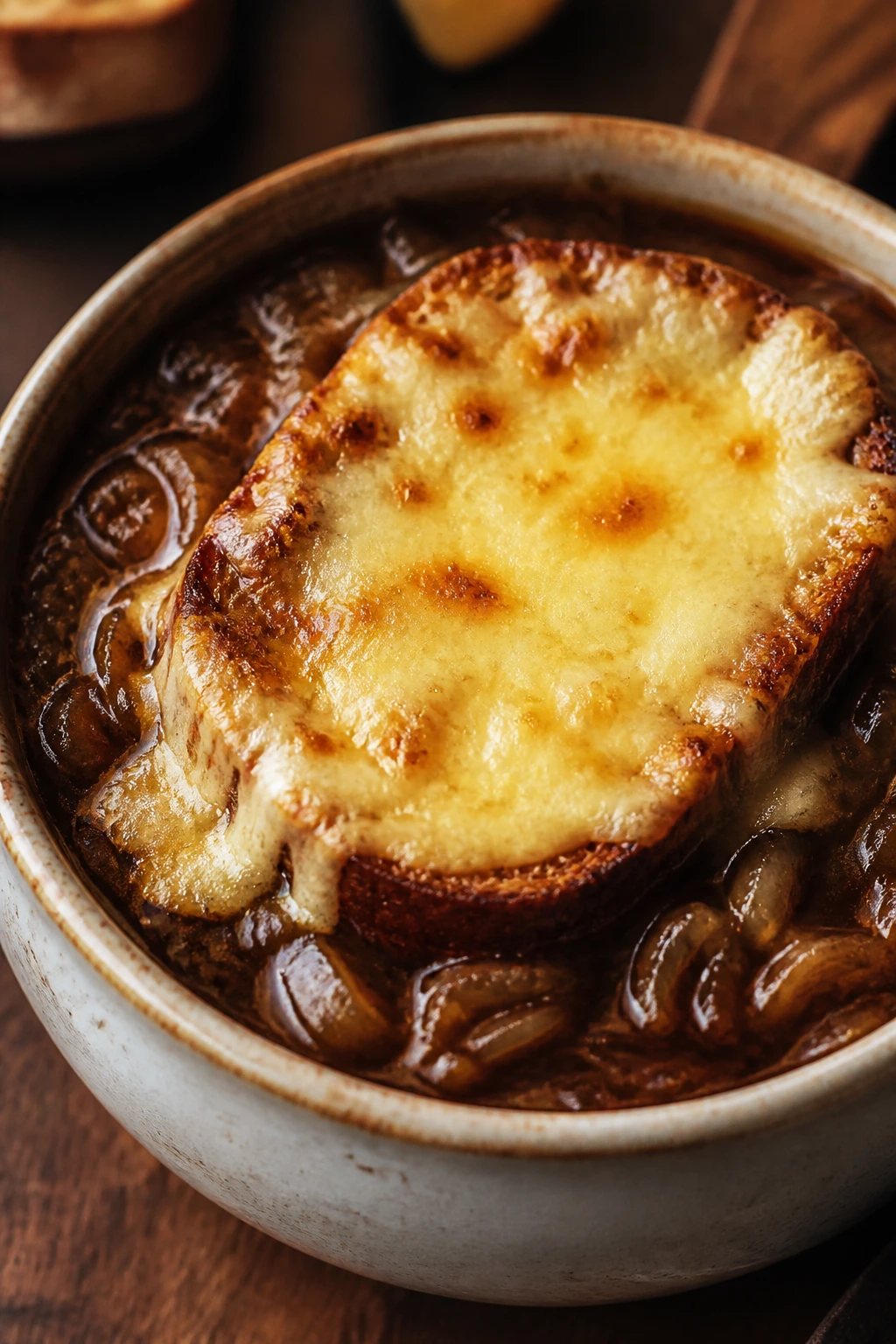 Close-up of French Onion Soup with cheese and bread in a cozy kitchen