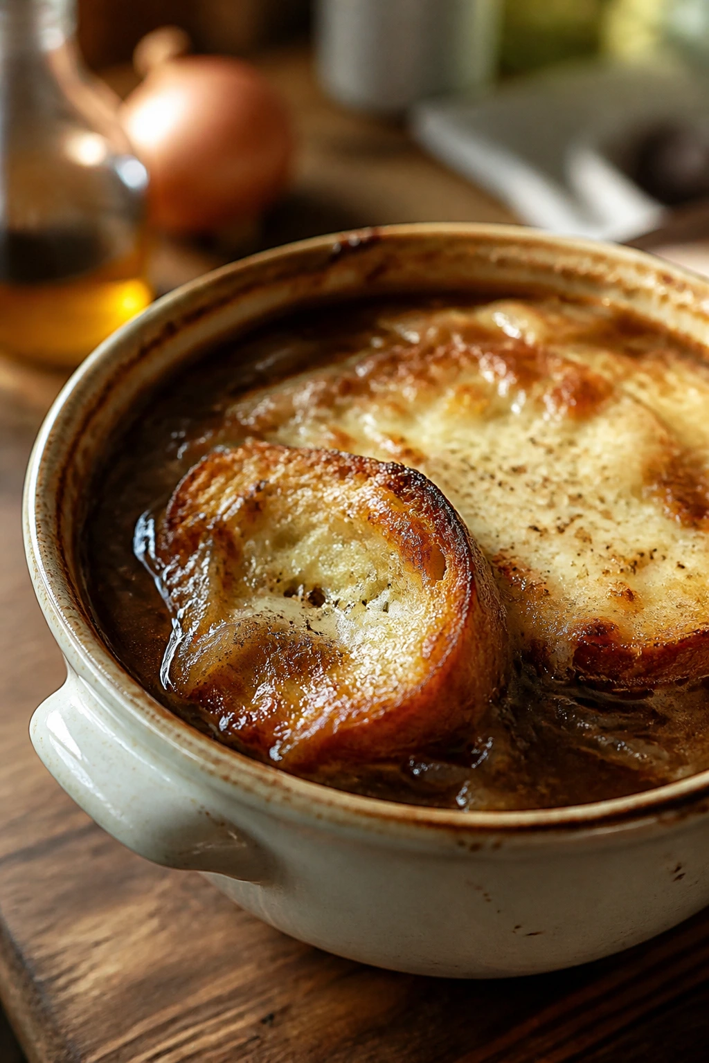 Close-up of Weeknight French Onion Soup with caramelized onions and Gruyère topping in a rustic bowl