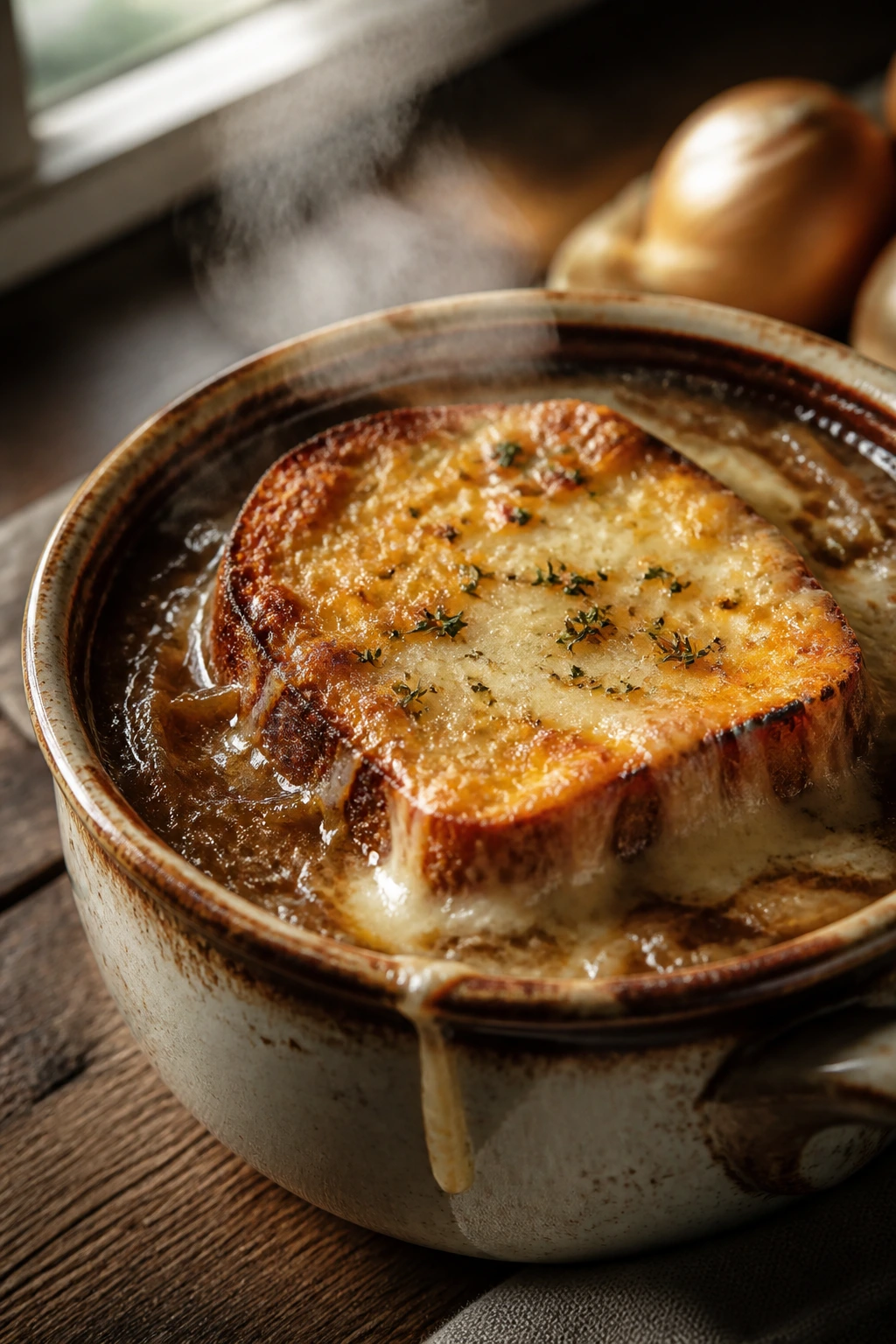Close-up of French Onion Soup with caramelized onions and Gruyère in a rustic bowl