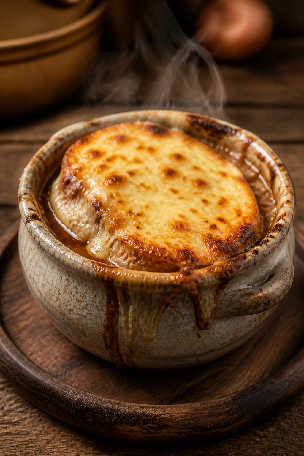 Close-up of French onion soup with a golden Gruyère cheese cap