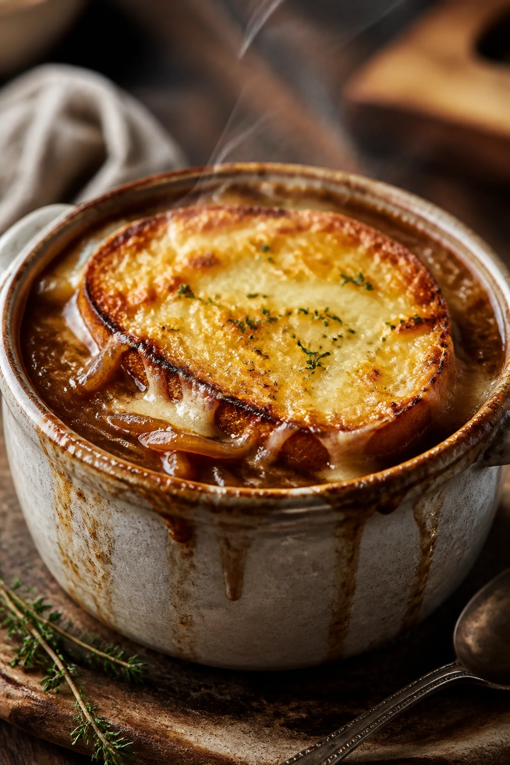 French onion soup with Gruere toast in a rustic bowl