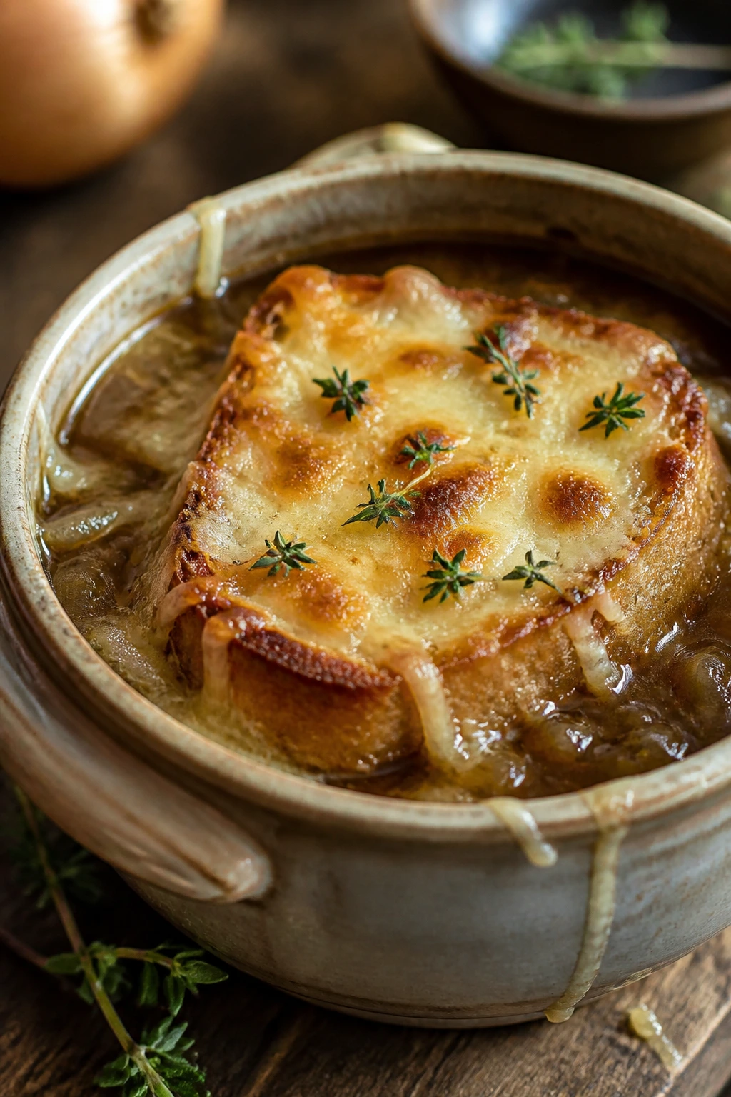 Close-up of onion soup with Gruyère toast topping