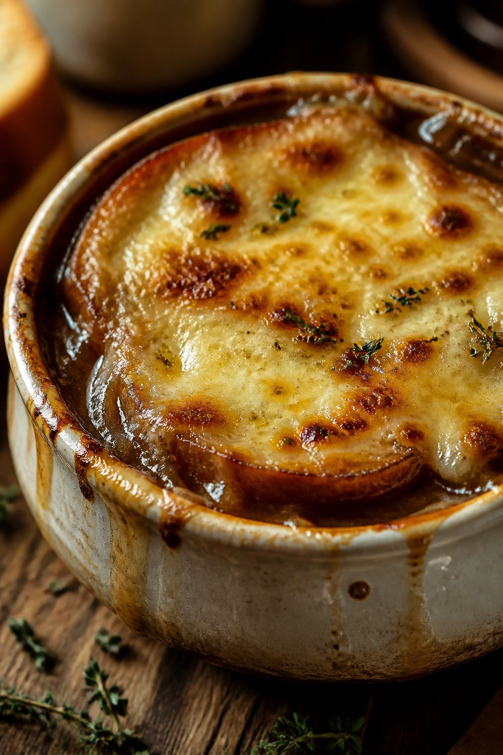 French onion soup in a bowl with melted Gruyère cheese on top