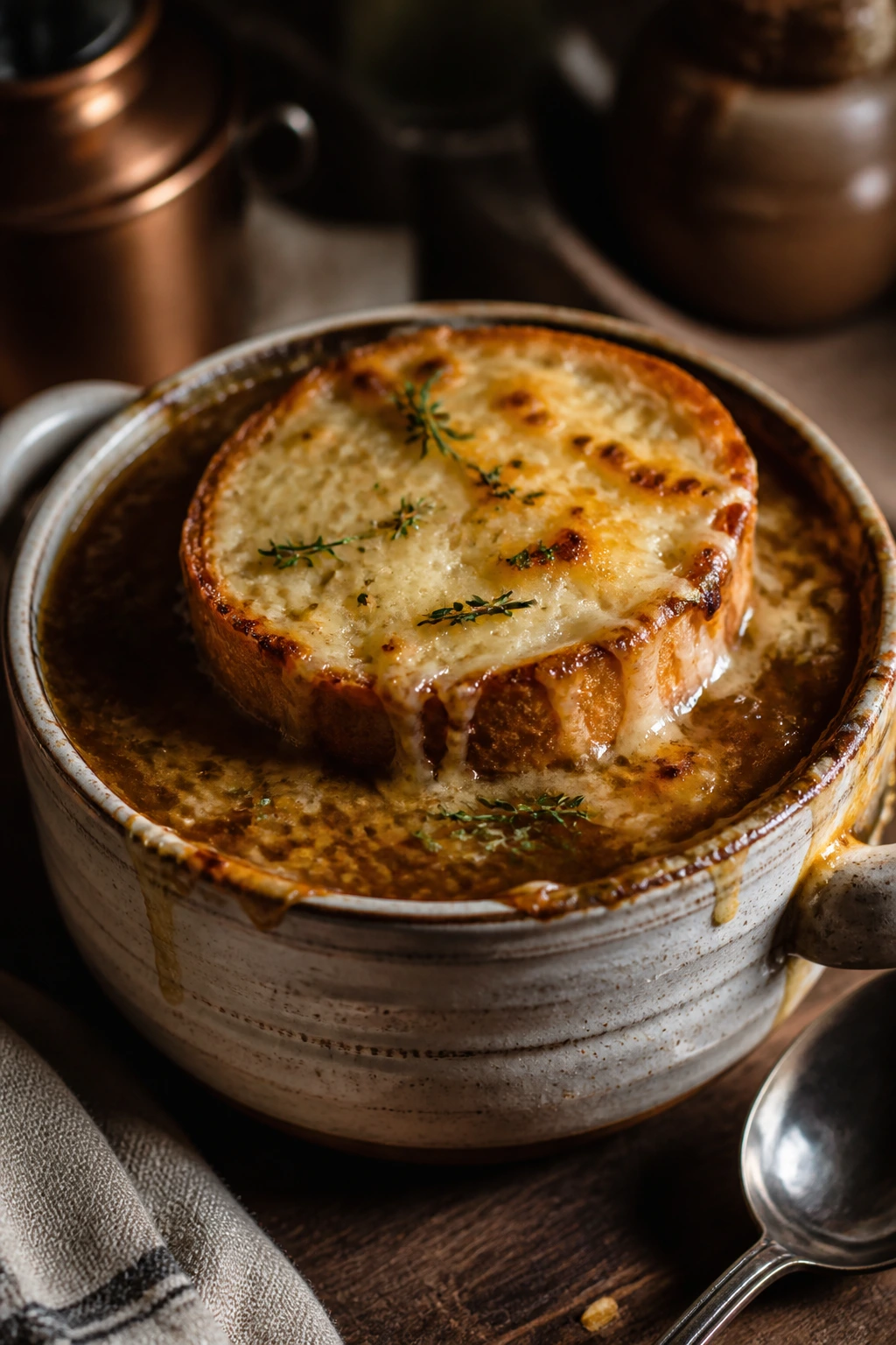 French onion soup with Gruyère toast in a cozy kitchen