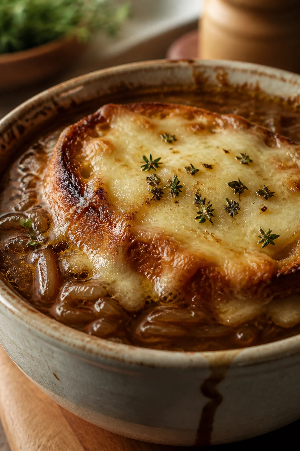 Close-up of French onion soup with Gruyère cheese and bread toast in a warm kitchen.