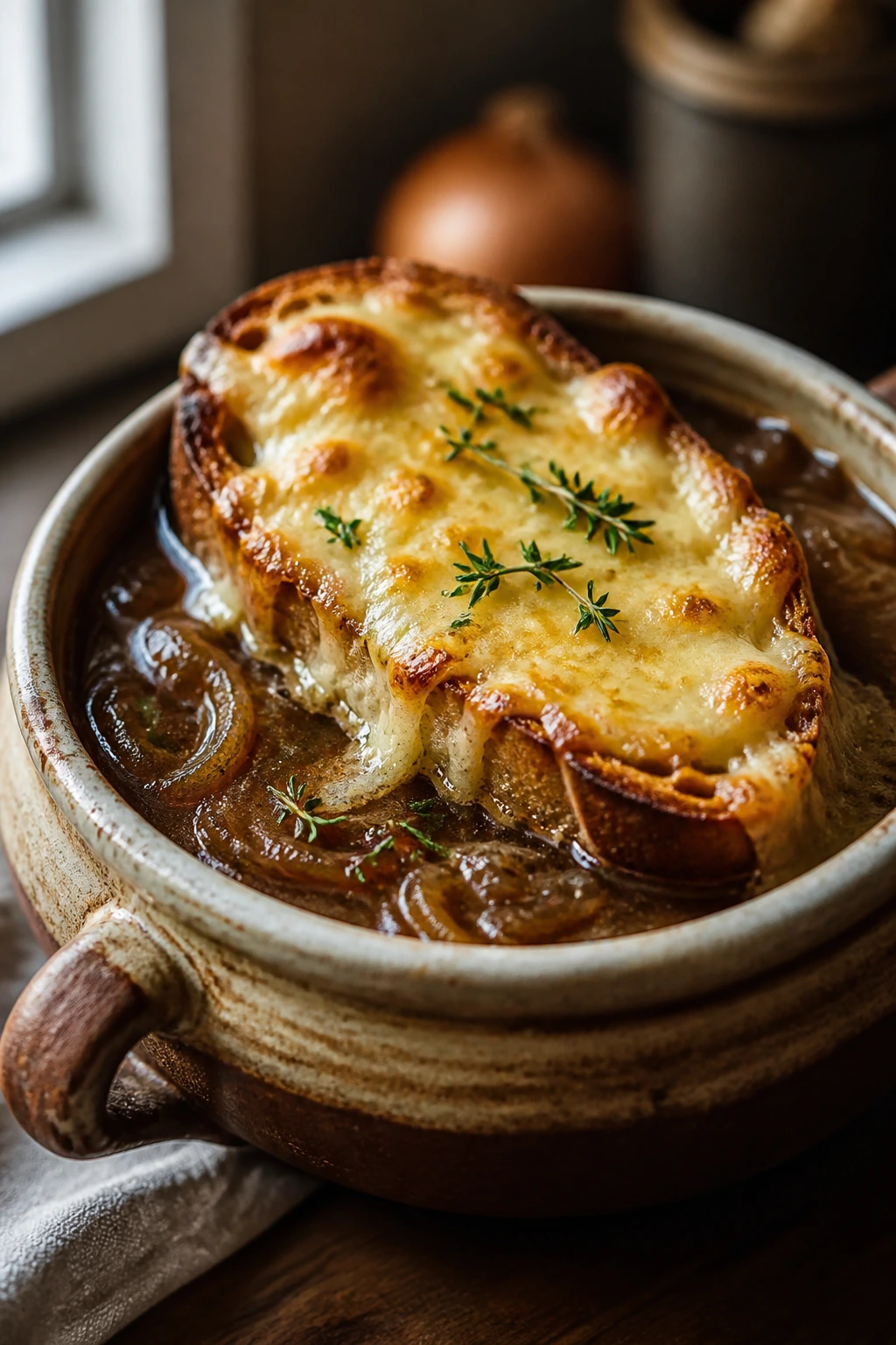 Close-up of French onion soup with Gruyère toast in a bowl