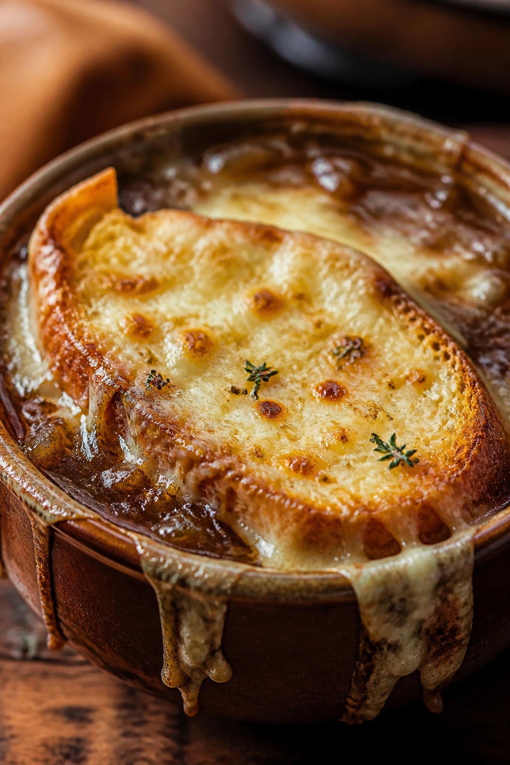 Close-up of French onion soup topped with Gruyère cheese and toast