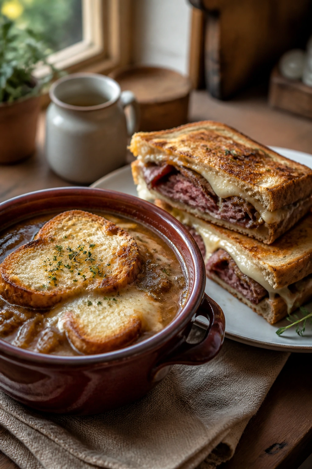 French onion soup with roast beef melts on a warm kitchen table
