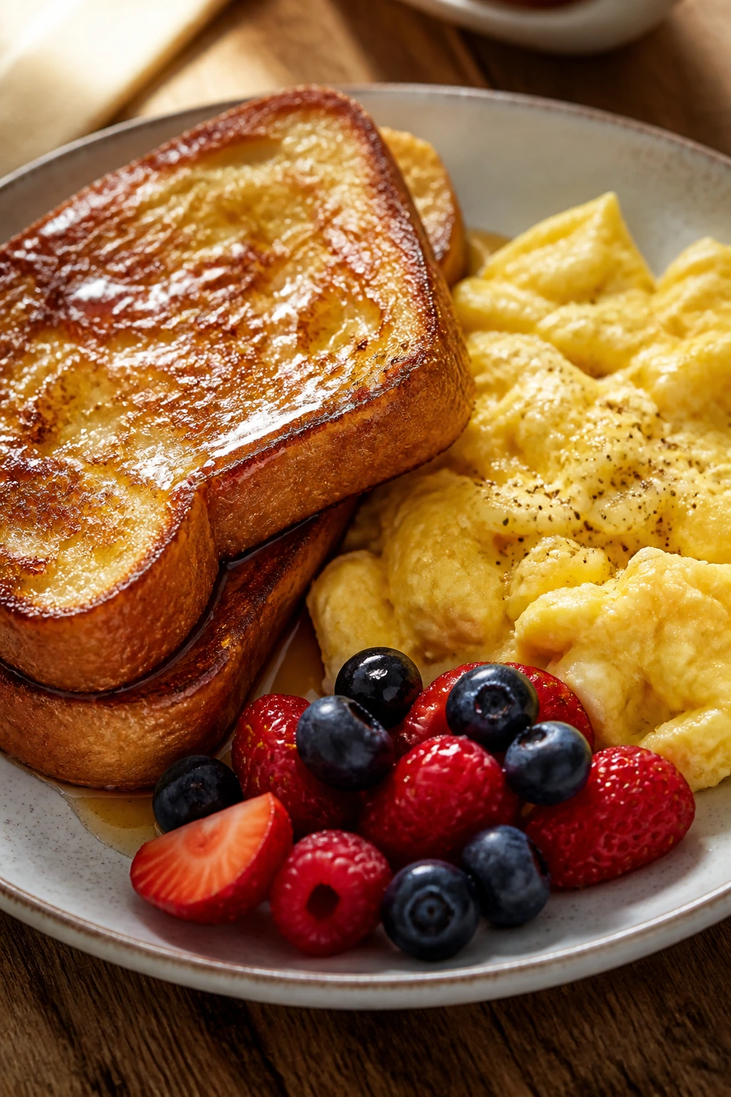 French toast with eggs and berries on a plate in a bright kitchen