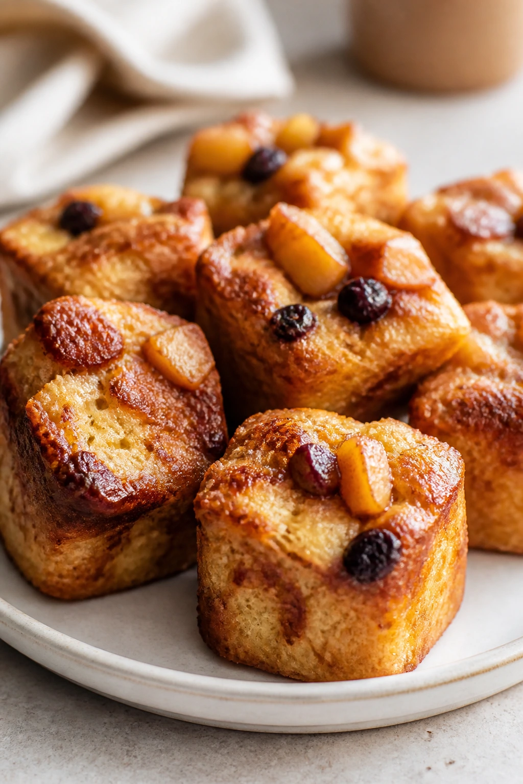Close-up of French toast bites on plate with fruit bits