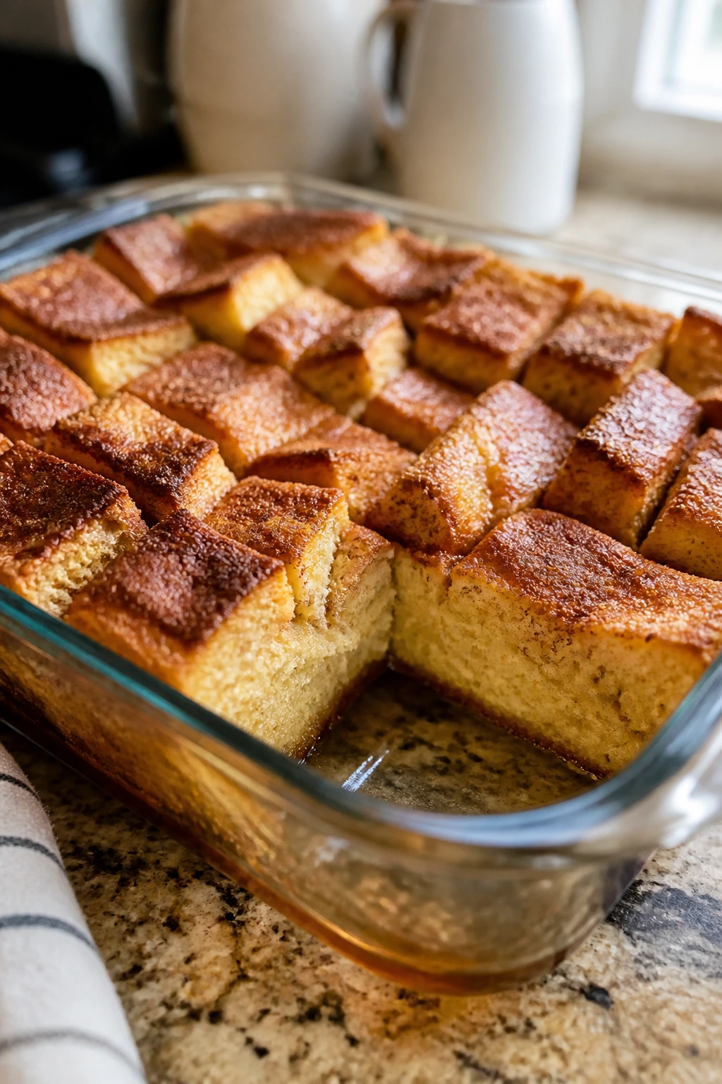 Close-up of French toast casserole with golden top