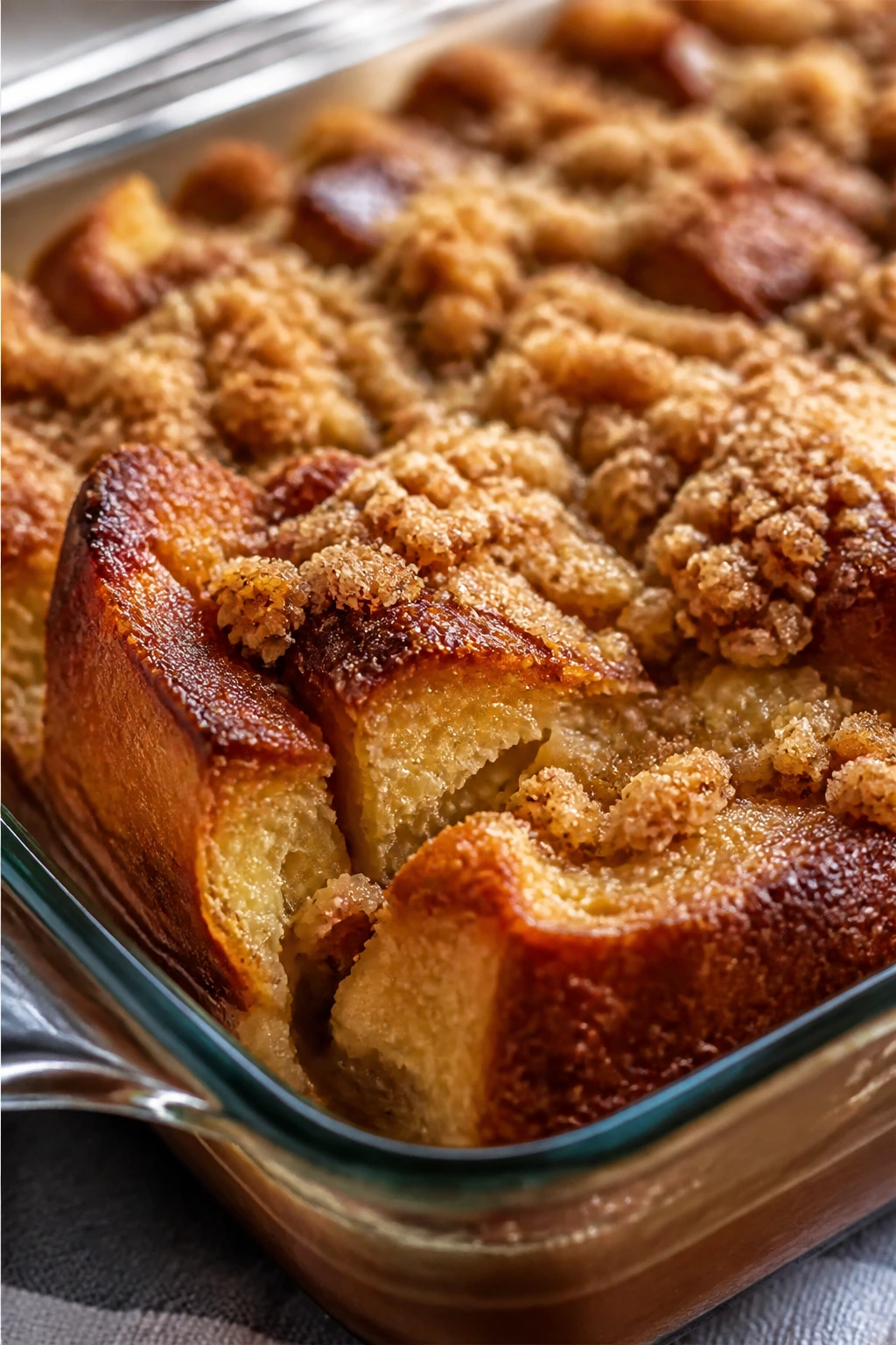Top view of brioche French toast casserole with streusel topping