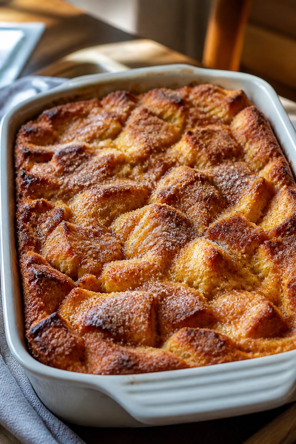 French toast casserole with cinnamon sugar in a baking dish